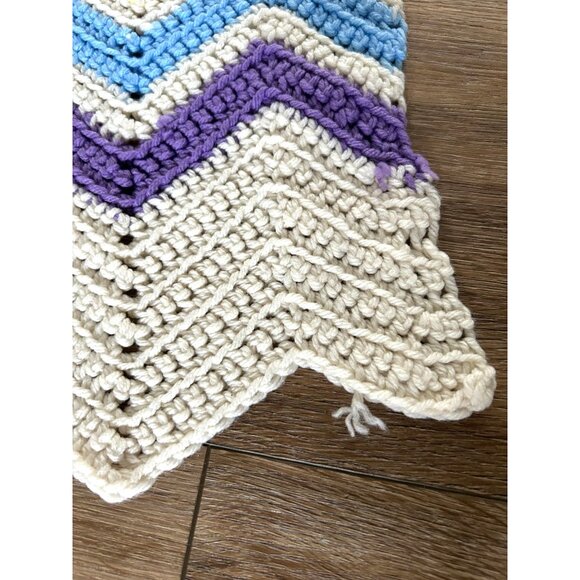 Handmade Chevron Colorful Knit Crochet Blanket Pink Teal Yellow Blue VTG 76x57 - Picture 11 of 12